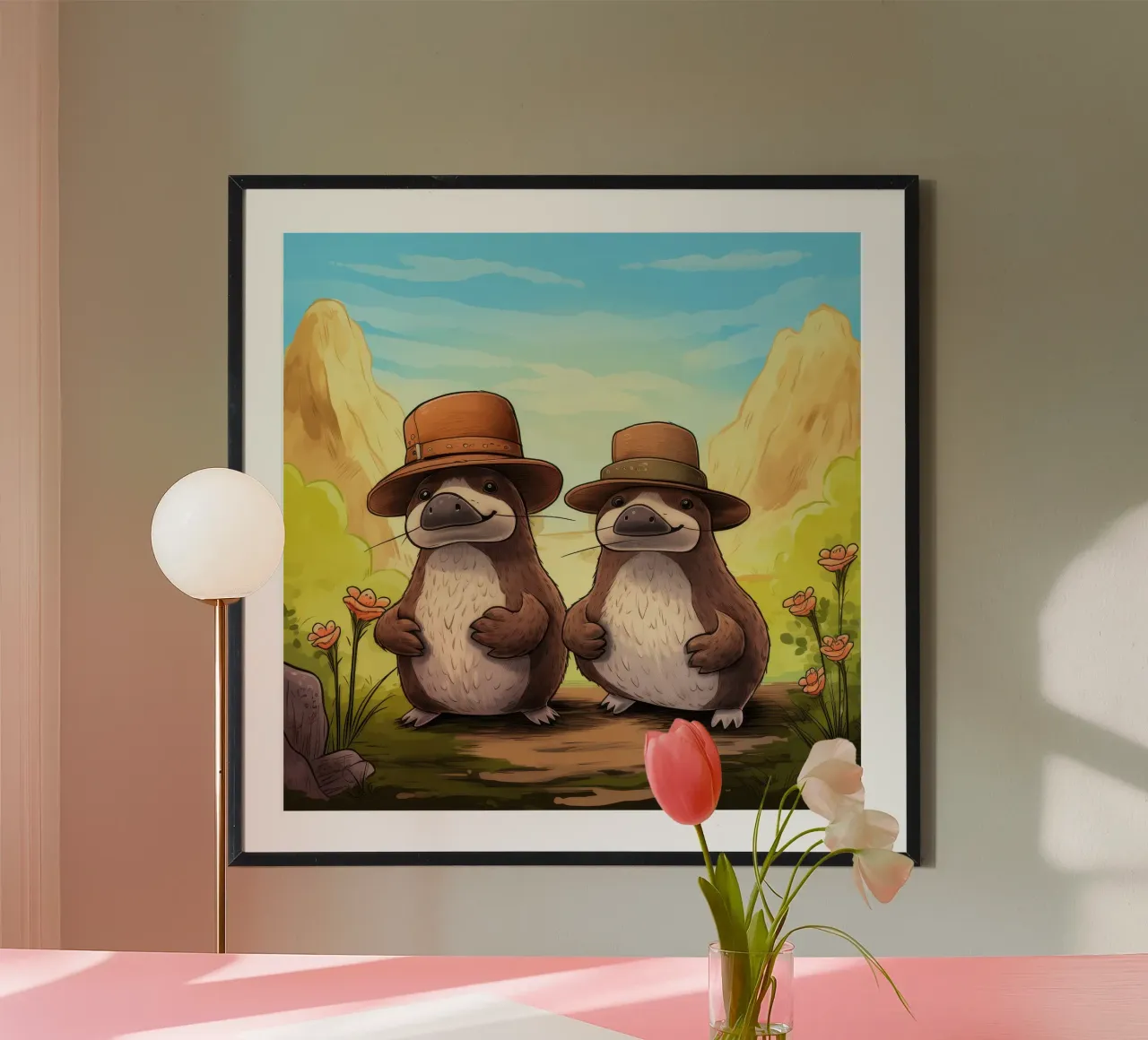 Duo di ornitorinchi retrò poster con telaio in alluminio da Funny Animals