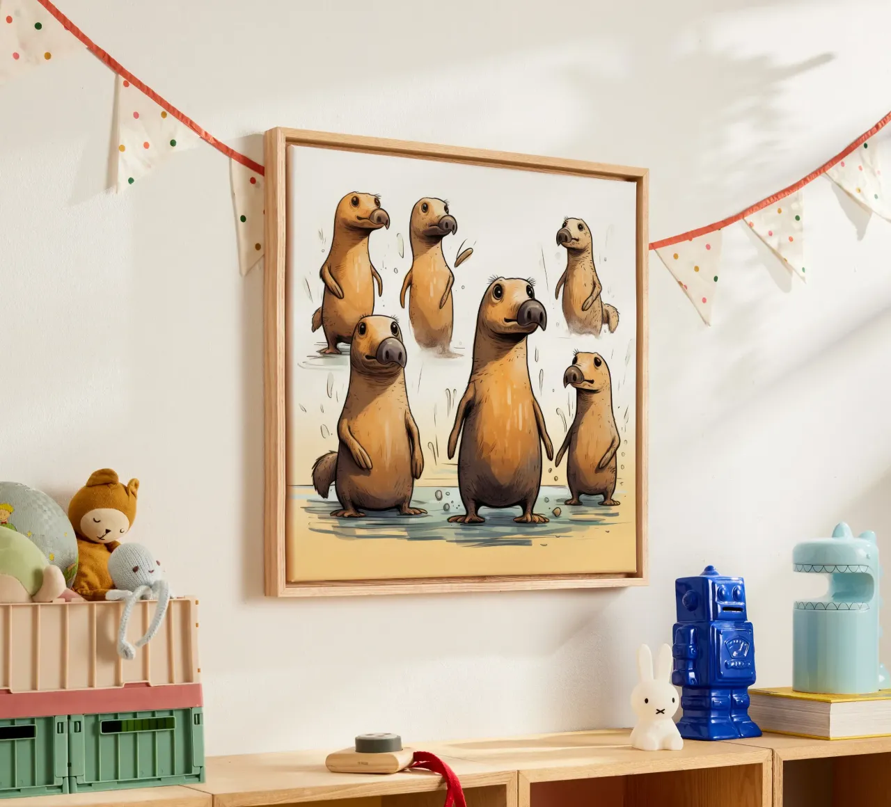 Retro Platypuse Gang canvas with Floater frame by Funny Animals