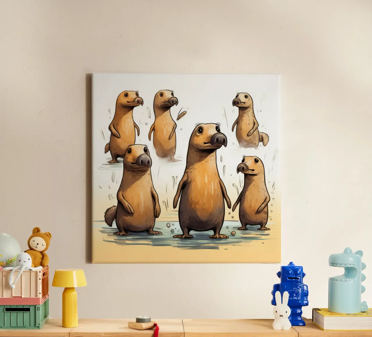 Retro Platypuse Gang canvas with Floater frame by Funny Animals