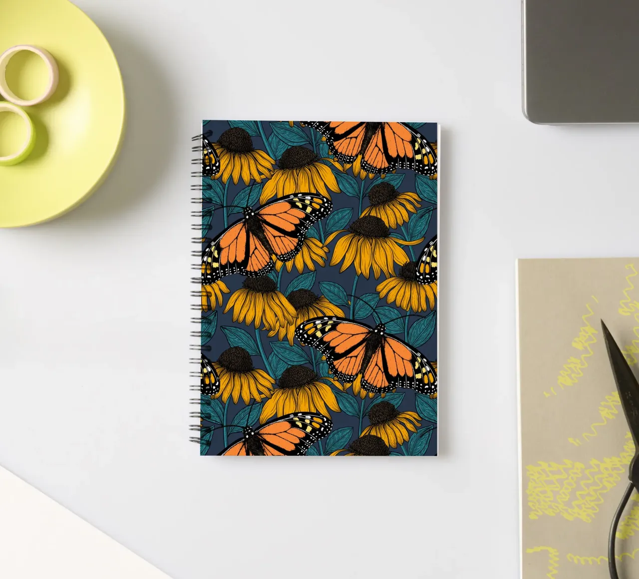 Monarch butterfly on yellow coneflowers spiral notebook by Painted Nature