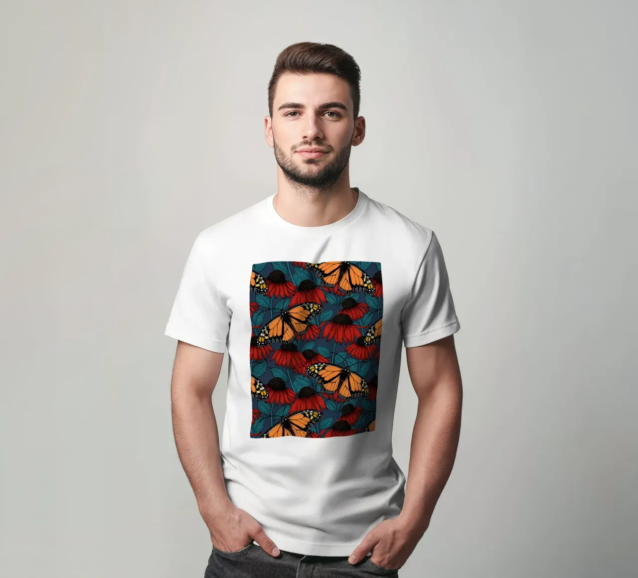 Farfalla monarca su fiori di conifera rossi t-shirt da Painted Nature