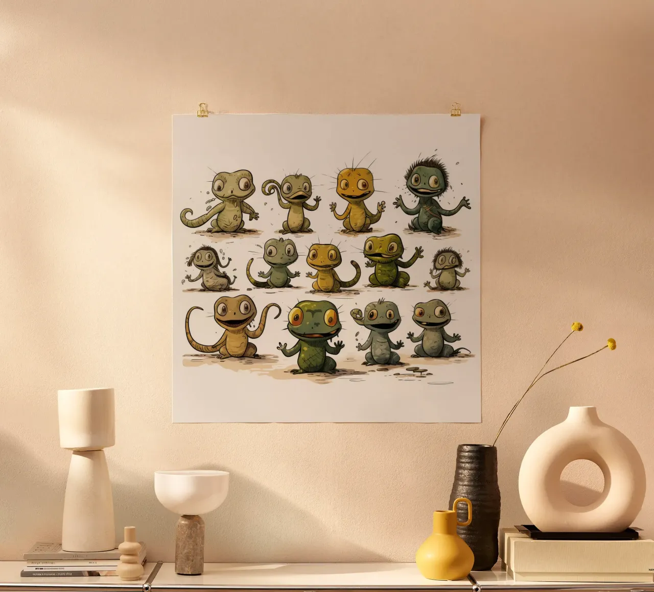 Gang di salamandre retrò poster con telaio in legno da Funny Animals