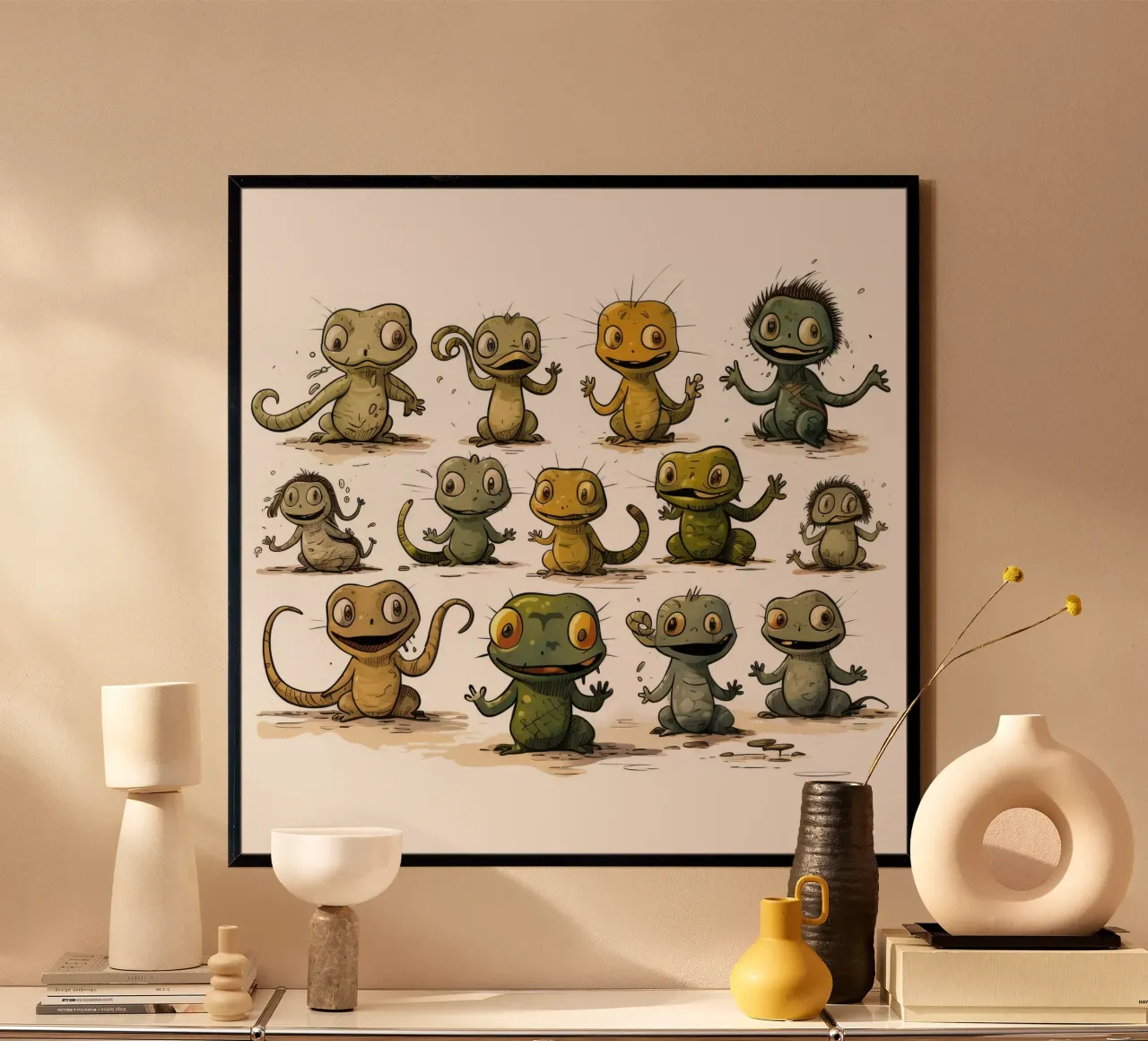 Gang di salamandre retrò poster con telaio in legno da Funny Animals