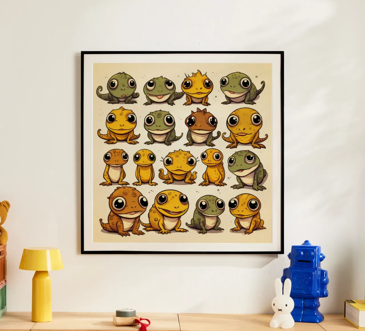 Gang di salamandre retrò poster con telaio in legno da Funny Animals