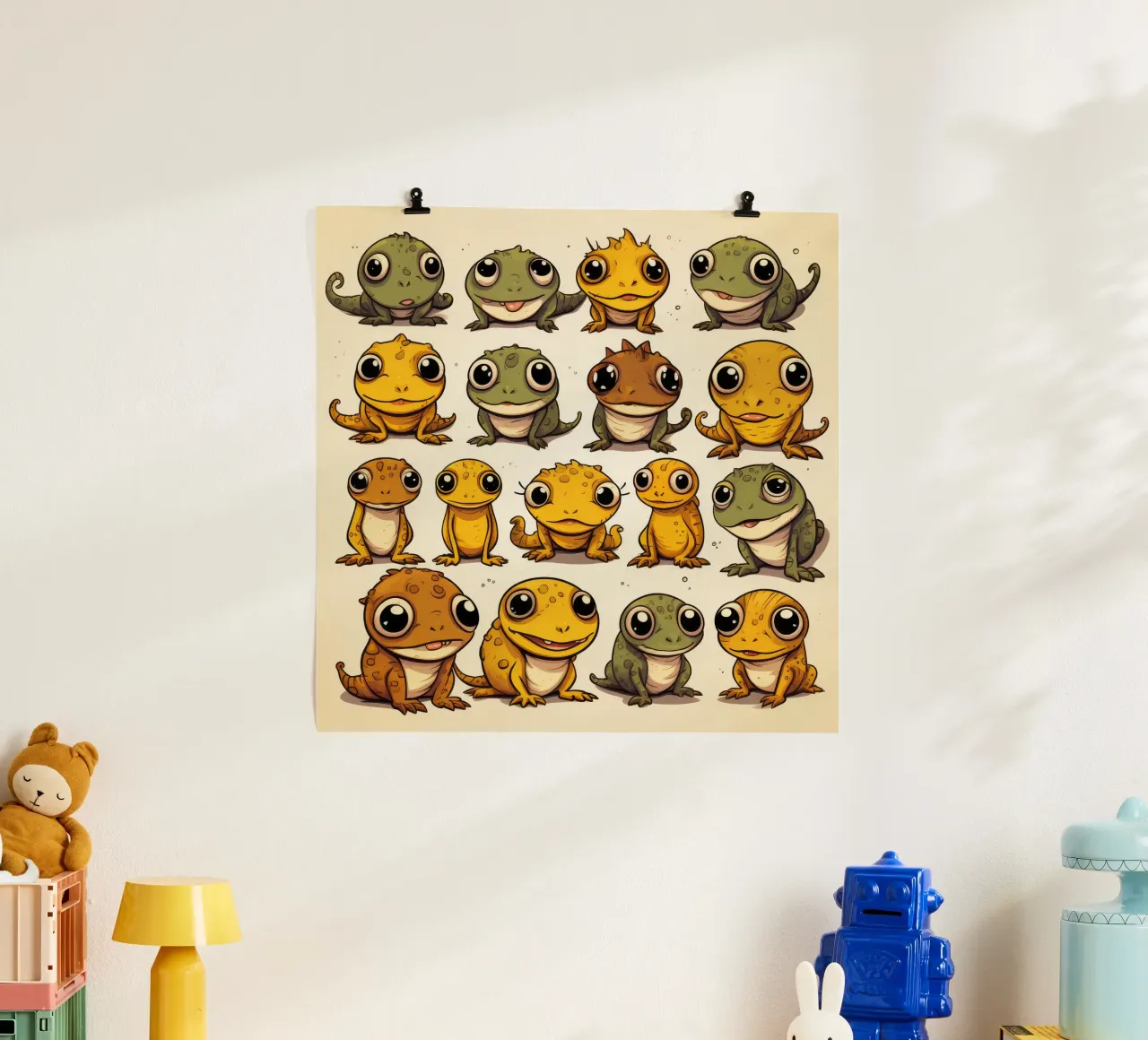 Gang di salamandre retrò poster con telaio in legno da Funny Animals