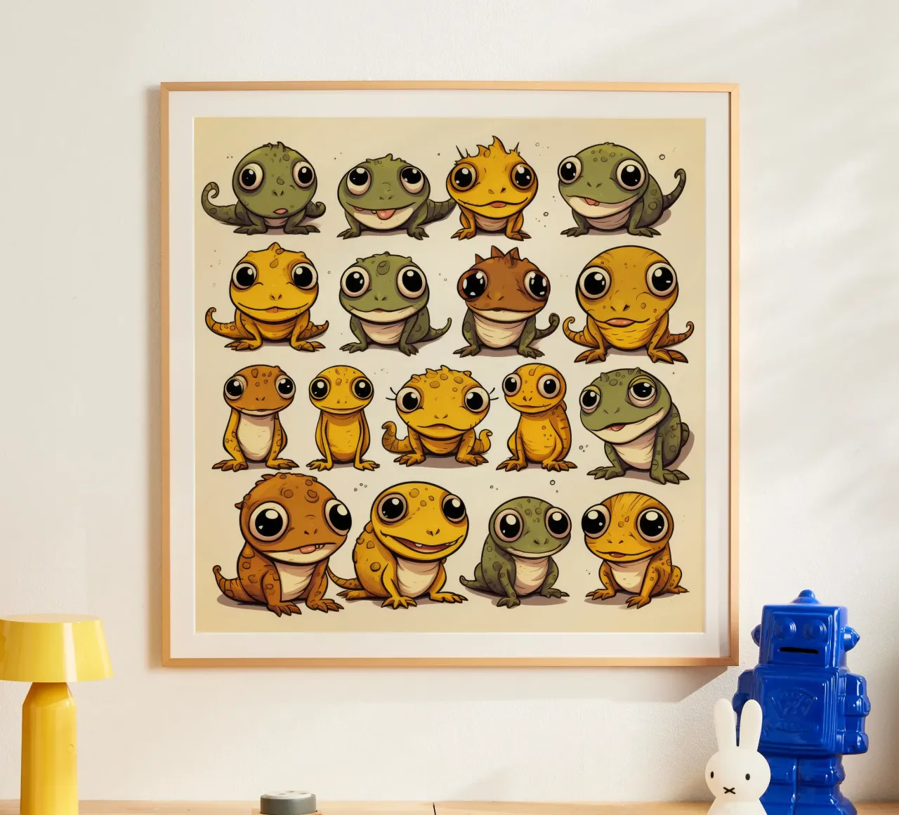 Gang di salamandre retrò poster con telaio in legno da Funny Animals