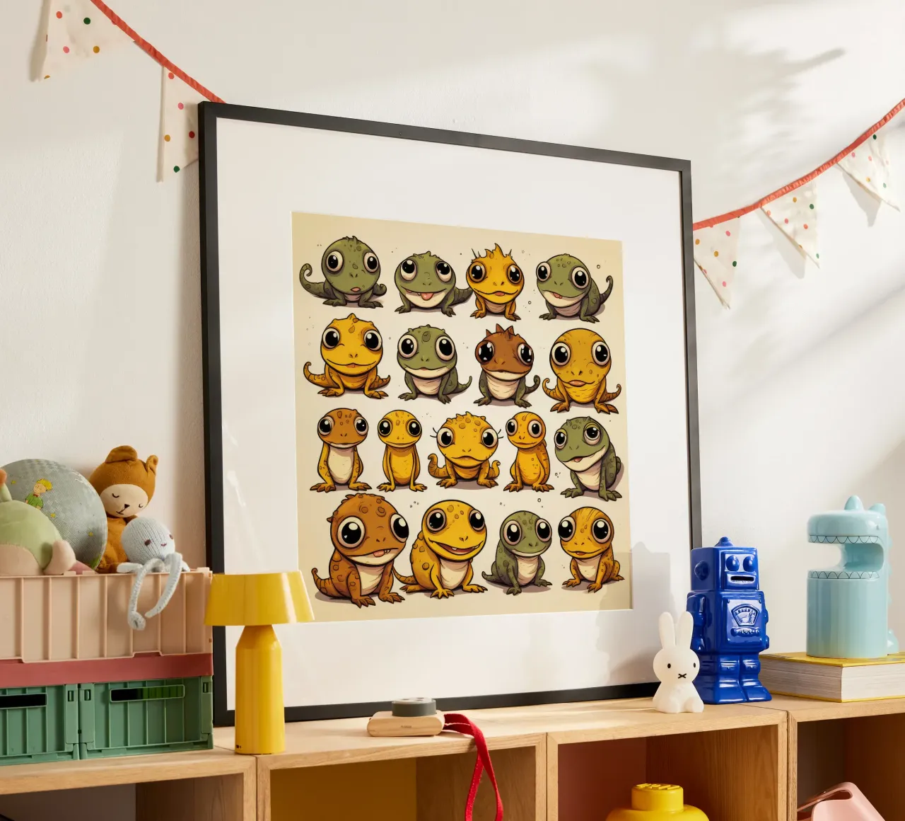 Gang di salamandre retrò poster con telaio in legno da Funny Animals