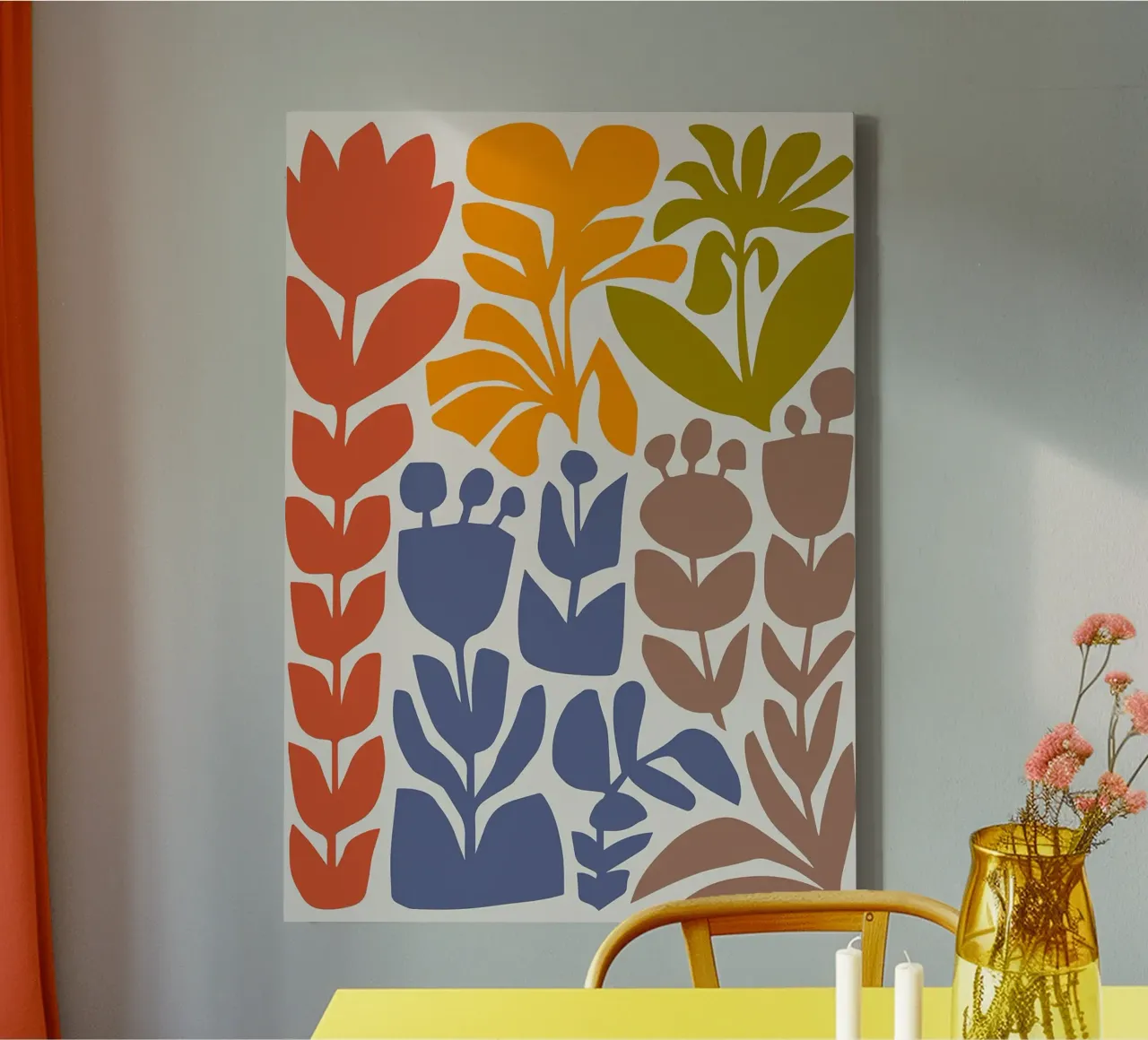 Collage di forme botaniche colorate e terrose tela con Cornice a cassetta da E Cannon