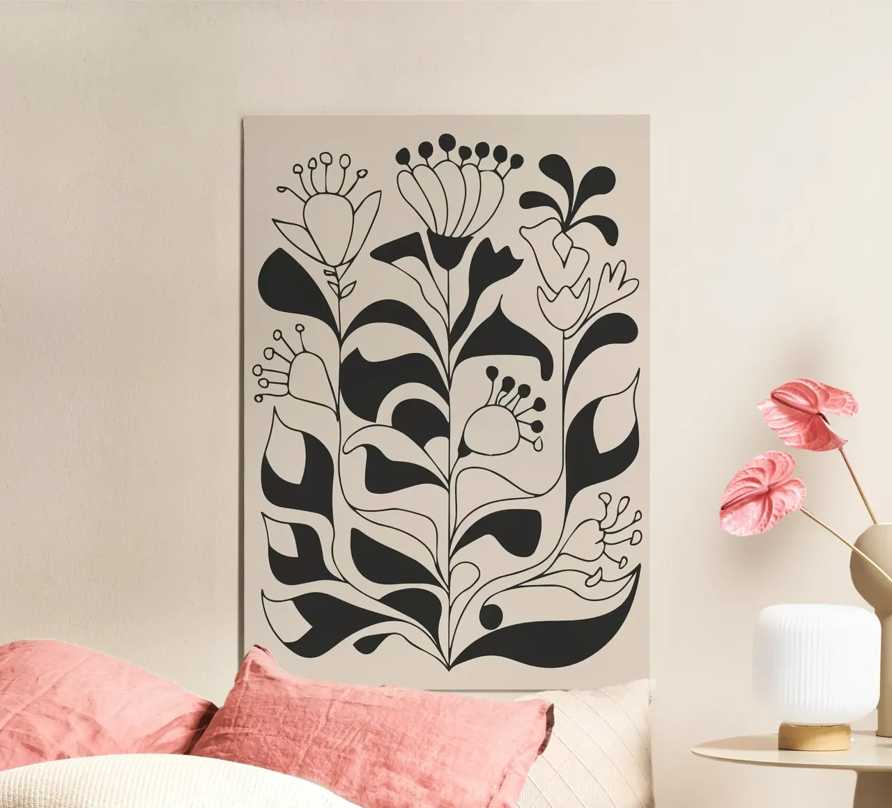 Arte floreale in bianco e nero poster con telaio in legno da E Cannon