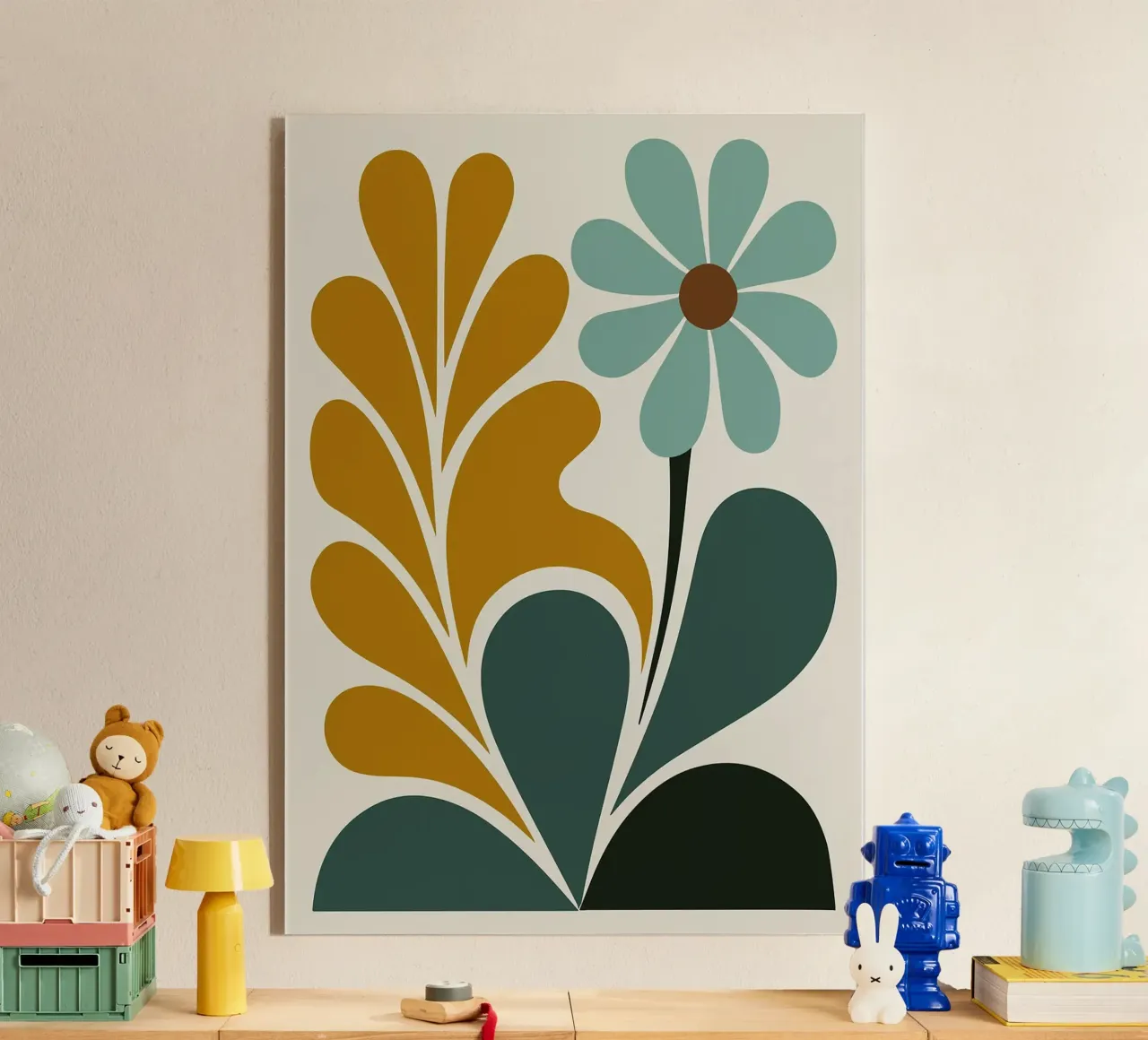 Abstracte Boho bloemenkunst in groenblauw en mosterdgroen acryl van E Cannon