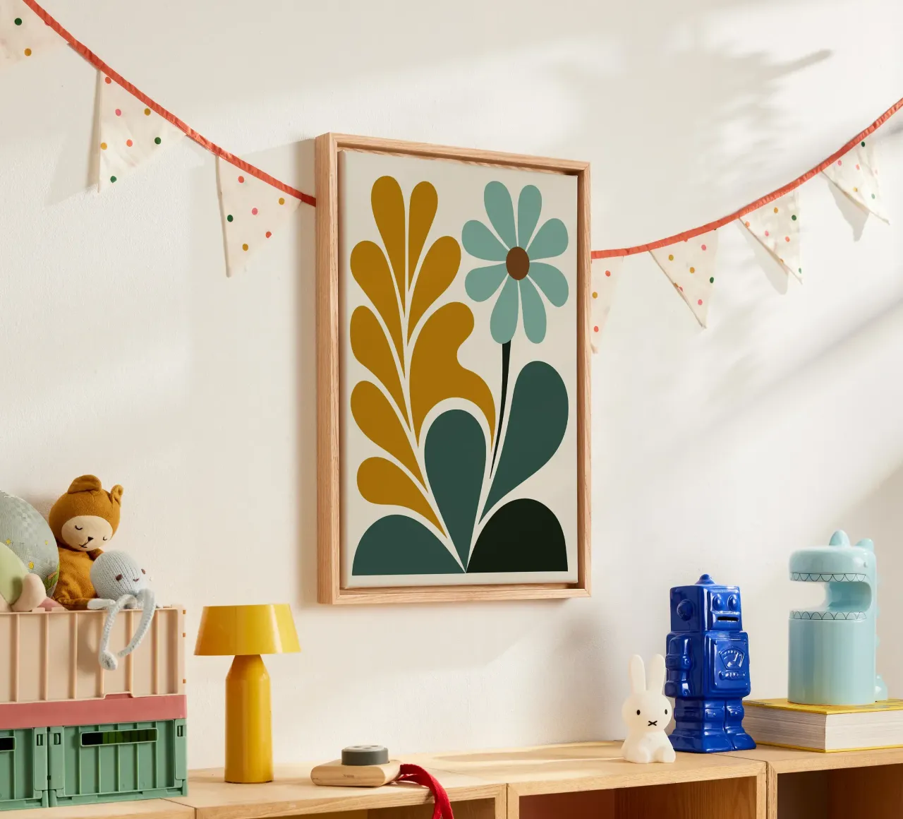 Abstracte Boho bloemenkunst in groenblauw en mosterdgroen canvas met Baklijst van E Cannon