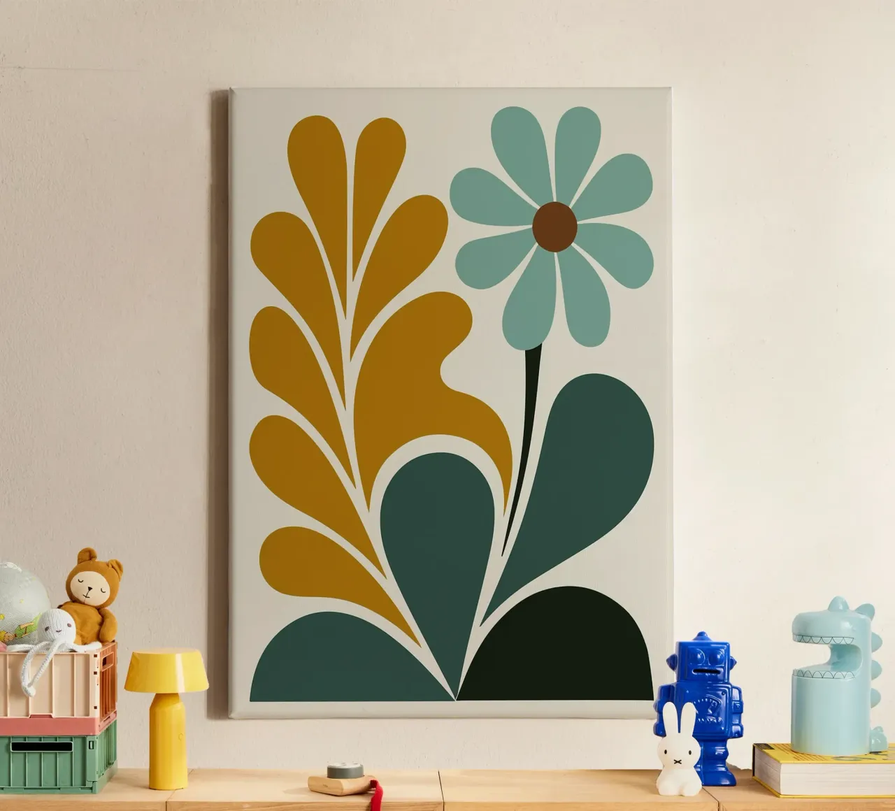 Abstracte Boho bloemenkunst in groenblauw en mosterdgroen canvas met Baklijst van E Cannon
