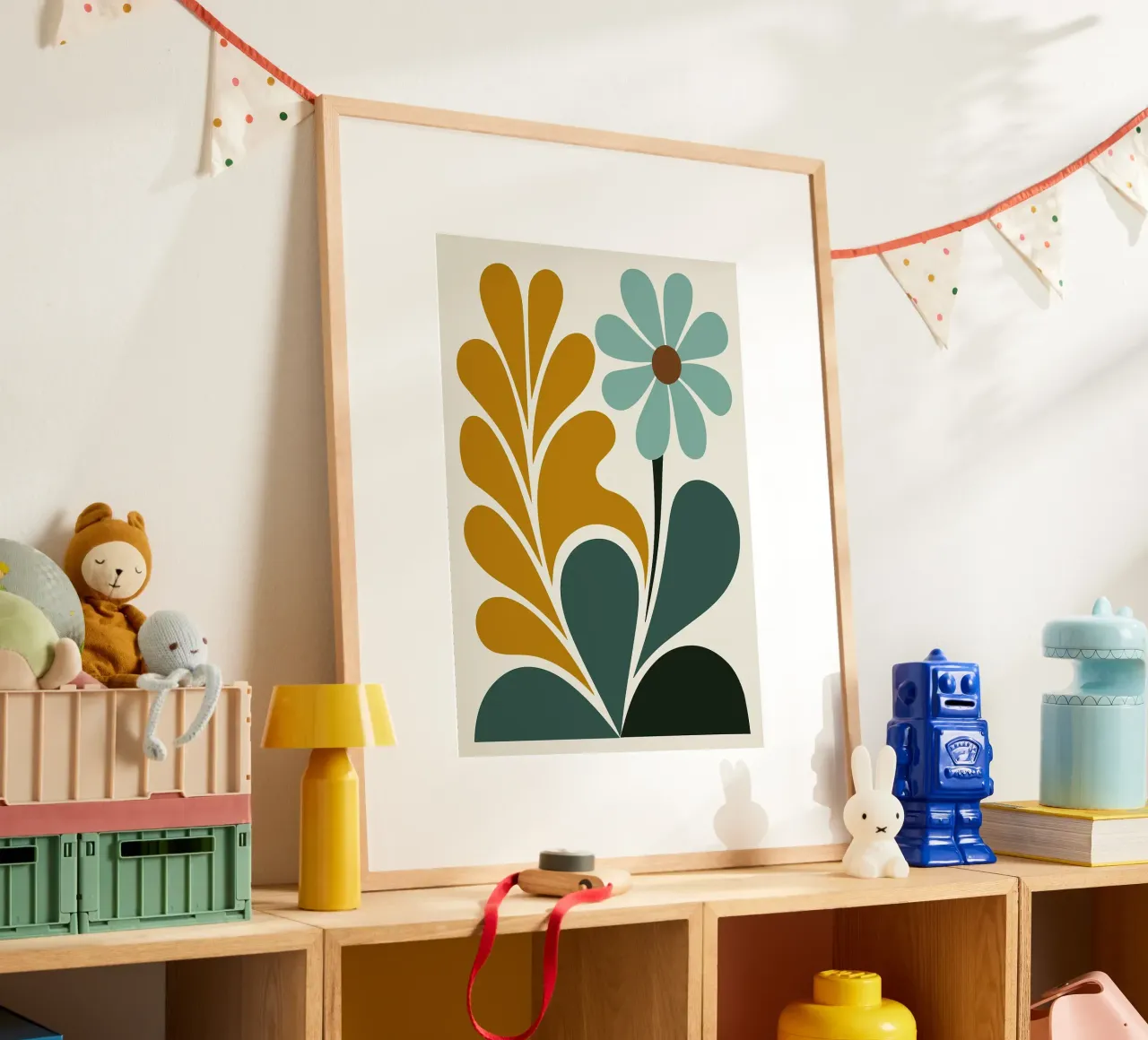 Abstracte Boho bloemenkunst in groenblauw en mosterdgroen poster met kunststof frame van E Cannon
