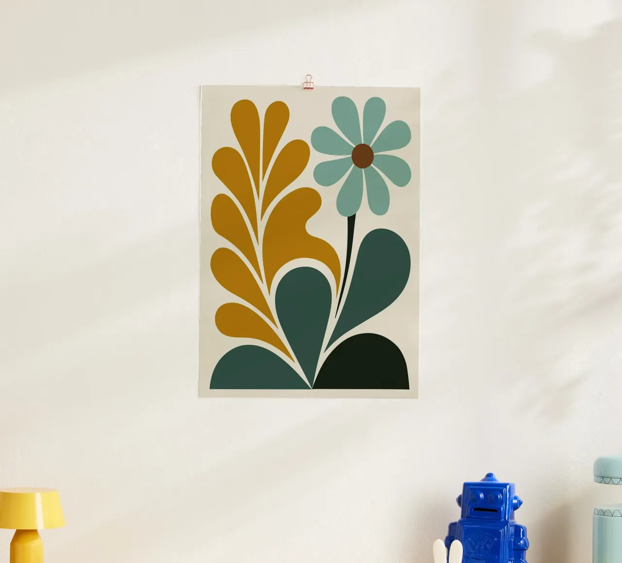 Abstracte Boho bloemenkunst in groenblauw en mosterdgroen poster met kunststof frame van E Cannon