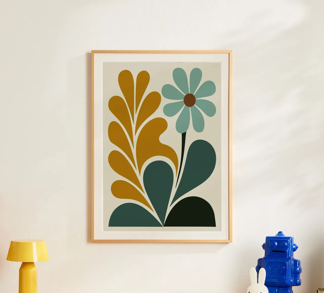 Abstracte Boho bloemenkunst in groenblauw en mosterdgroen poster met kunststof frame van E Cannon