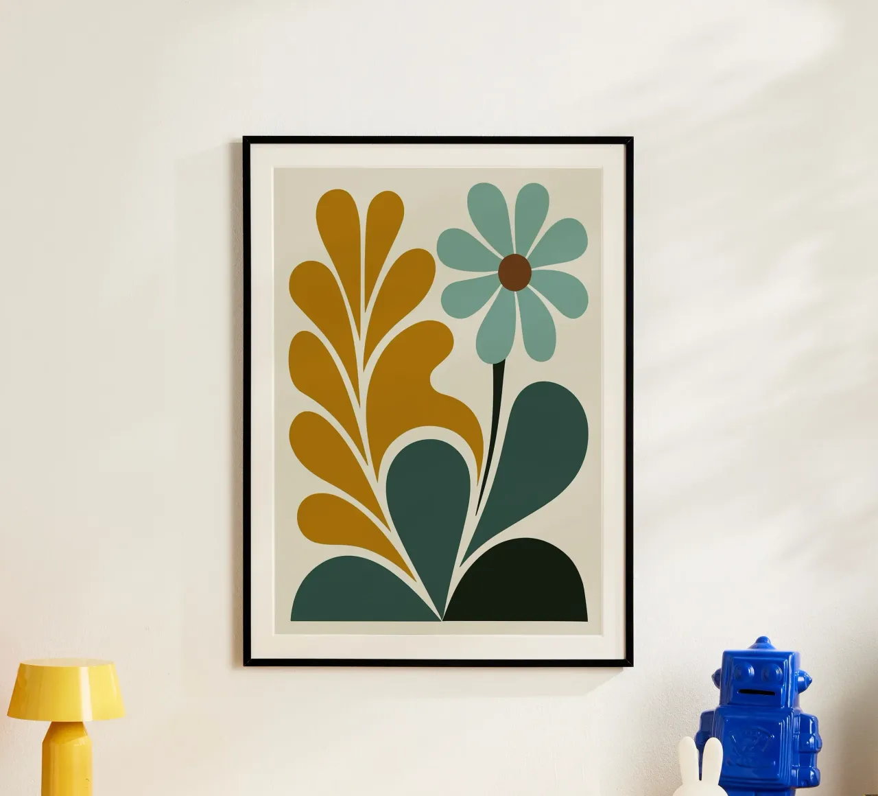 Abstracte Boho bloemenkunst in groenblauw en mosterdgroen poster met kunststof frame van E Cannon