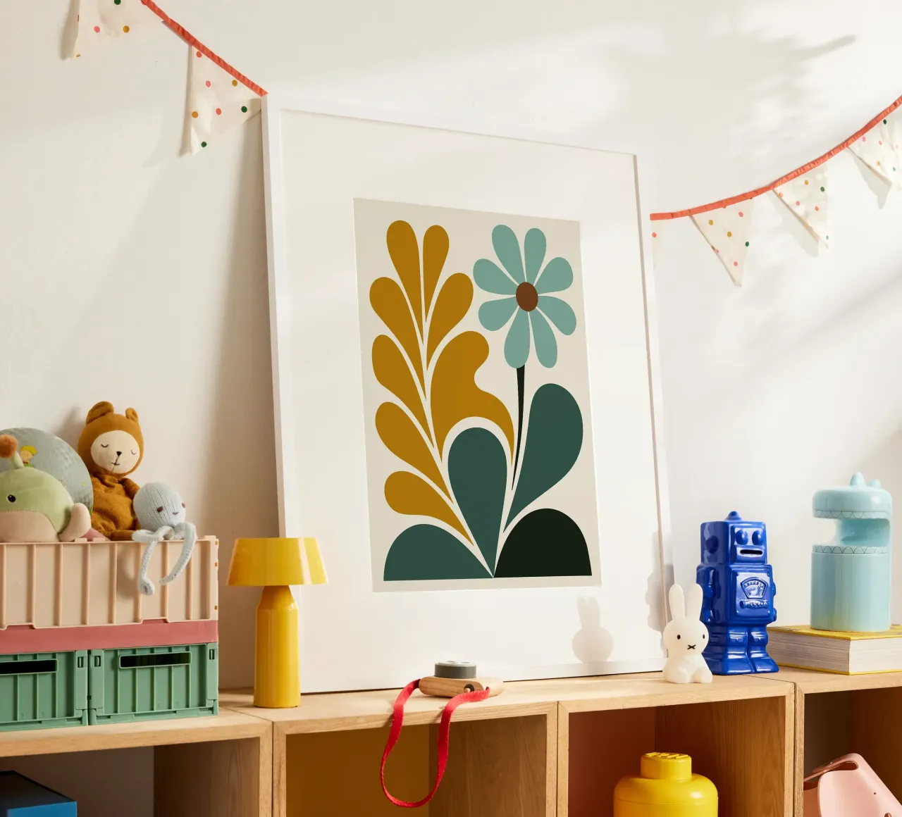 Abstracte Boho bloemenkunst in groenblauw en mosterdgroen poster met kunststof frame van E Cannon