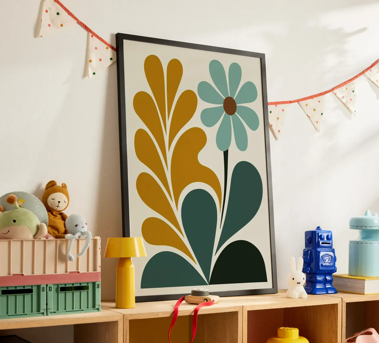 Abstracte Boho bloemenkunst in groenblauw en mosterdgroen poster met kunststof frame van E Cannon