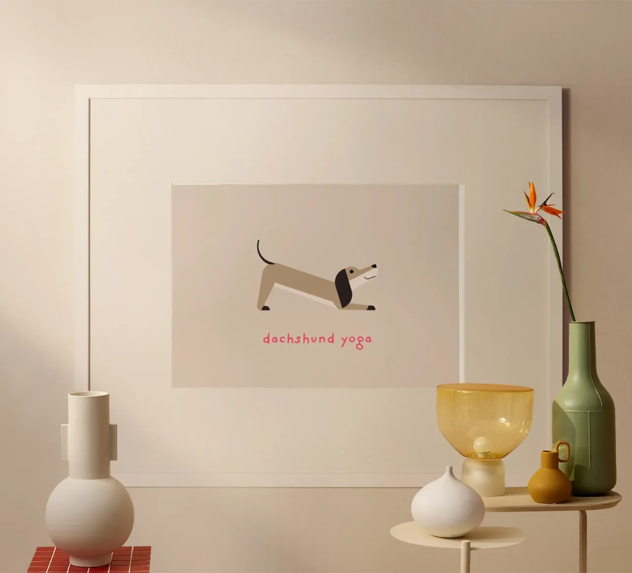 Dackel Yoga poster with plastic frame by Carolin Vonhoff