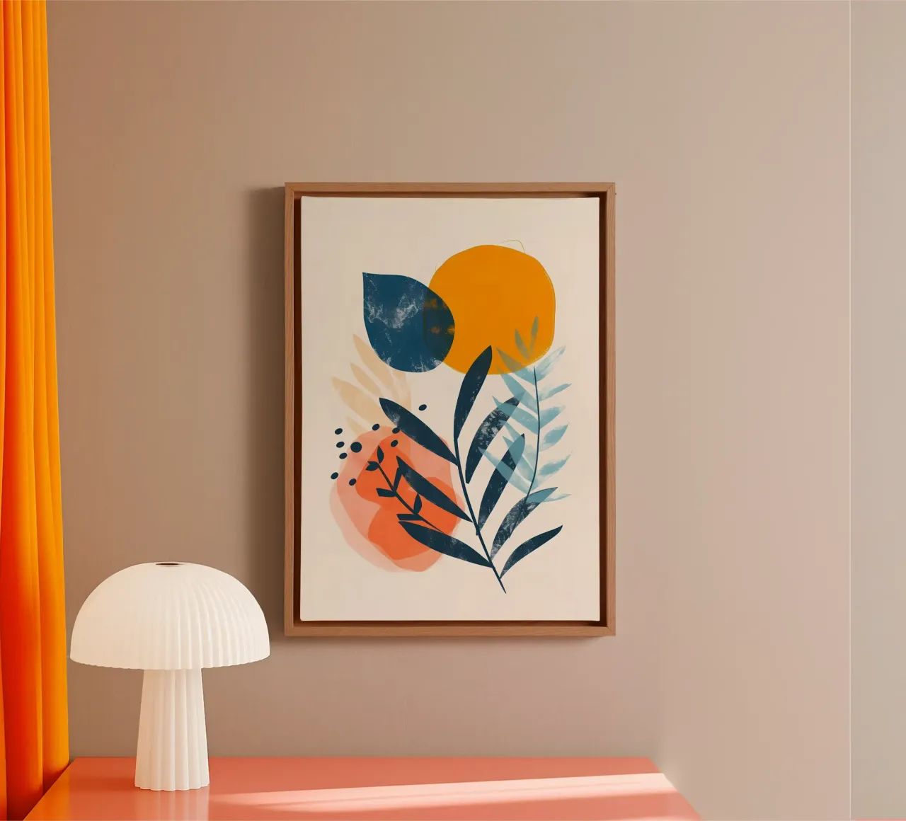 bladeren abstracte vormen gele cirkel canvas met Baklijst van Robert Wiesner