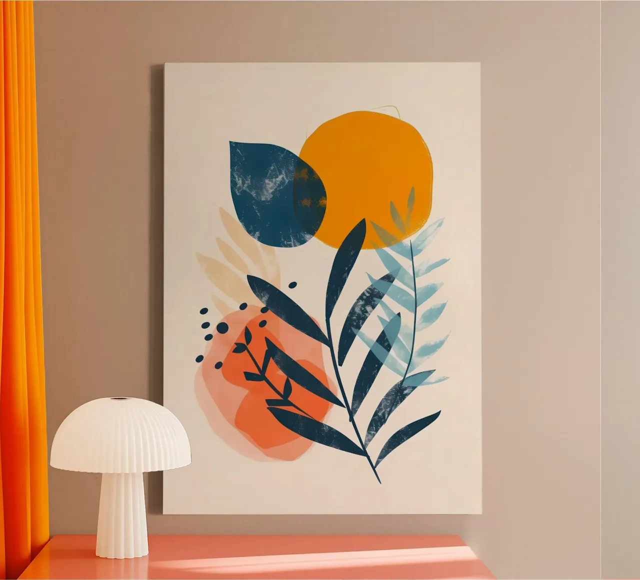 bladeren abstracte vormen gele cirkel canvas met Baklijst van Robert Wiesner