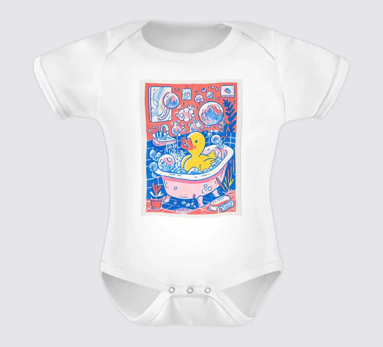 Bubbelbad met badeend - Grappig geïllustreerd badkamerkunstwerk babyrompertje korte mouwen van Kaji