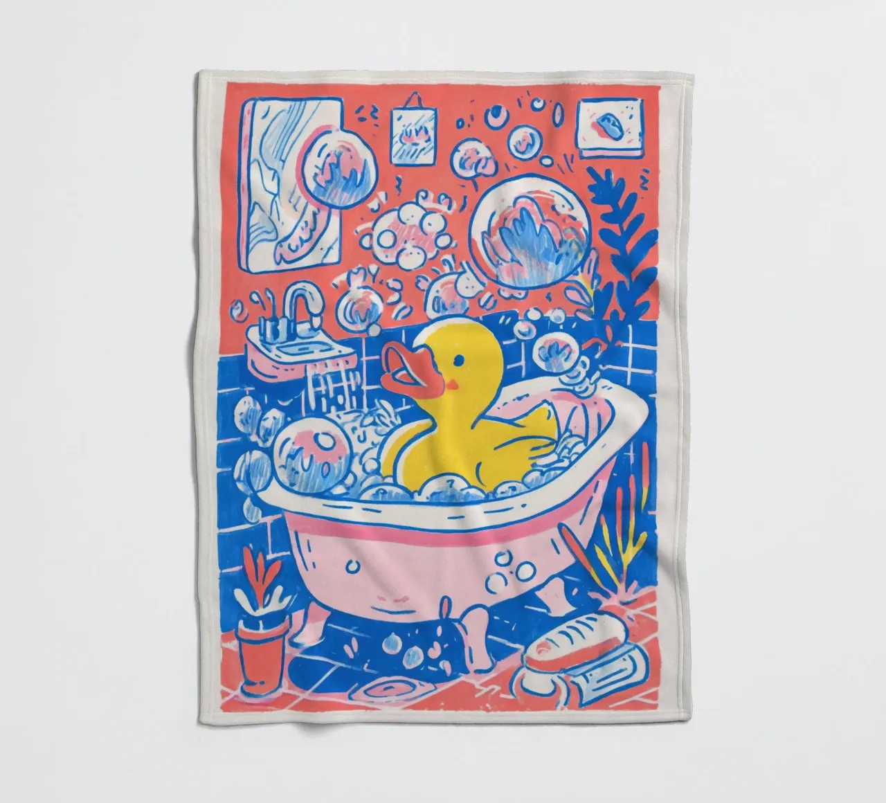 Rubber Duck Bubble Bath - Lustige illustrierte Badezimmer Kunst Fleecedecke von Kaji