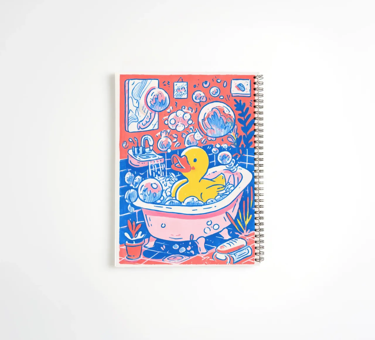 Rubber Duck Bubble Bath – Funny Illustrated Bathroom Art spiral notebook by Kaji