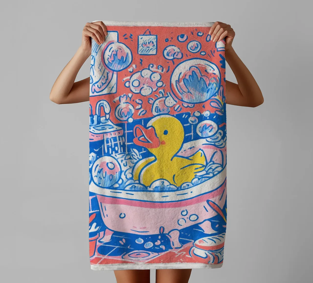 Bubbelbad met badeend - Grappig geïllustreerd badkamerkunstwerk badhanddoek van Kaji