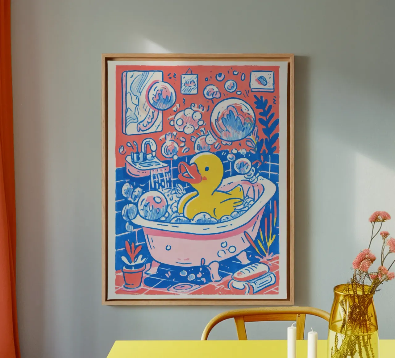 Bubbelbad met badeend - Grappig geïllustreerd badkamerkunstwerk canvas van Kaji