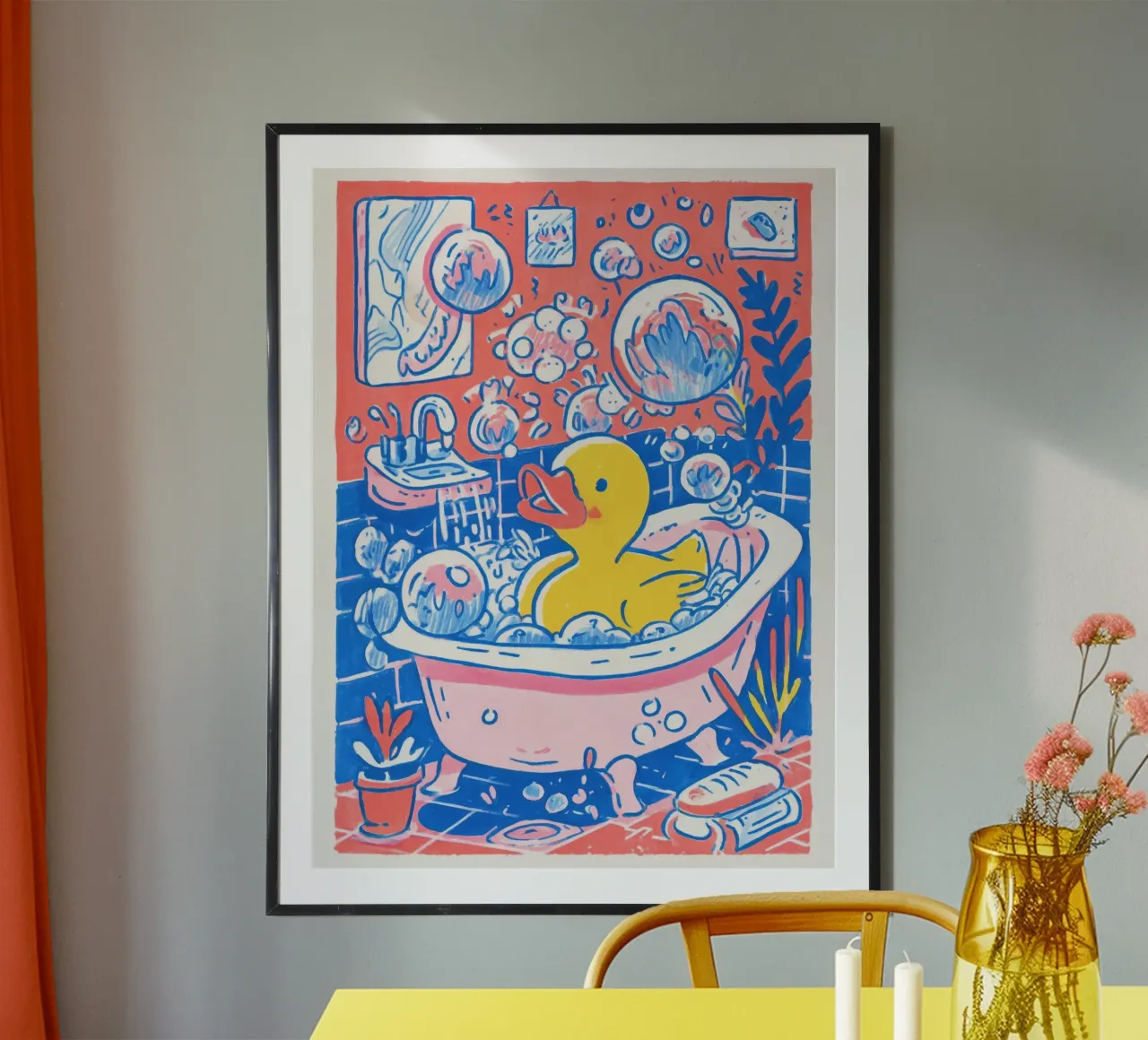 Bubbelbad met badeend - Grappig geïllustreerd badkamerkunstwerk hahnemühle van Kaji