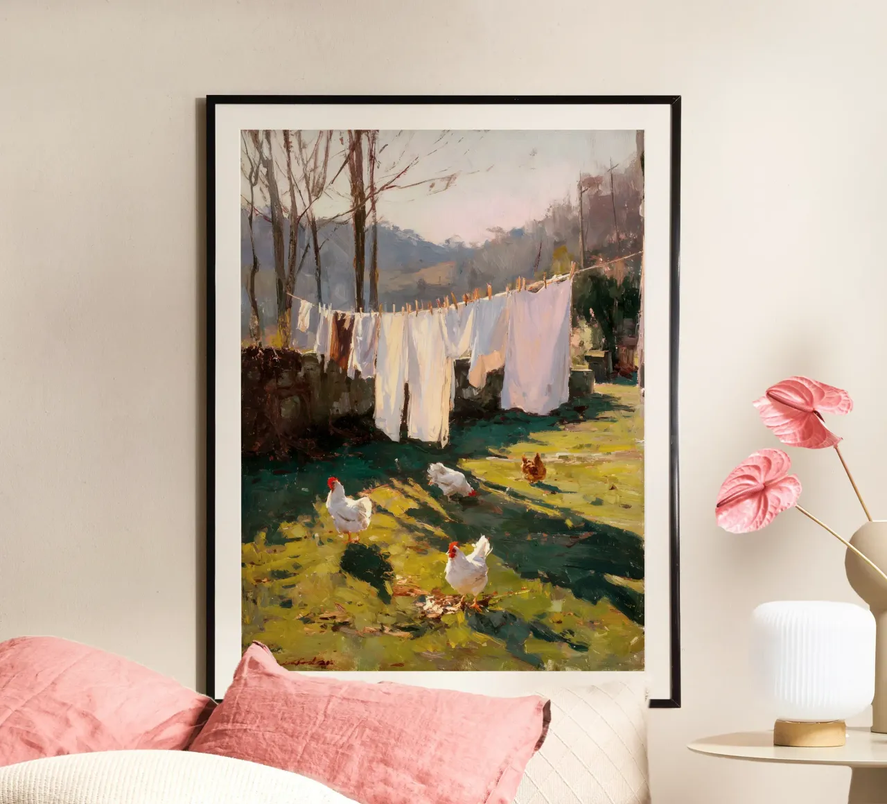 Fattoria Lavanderia e galline poster con telaio in plastica da IamHomeStudio