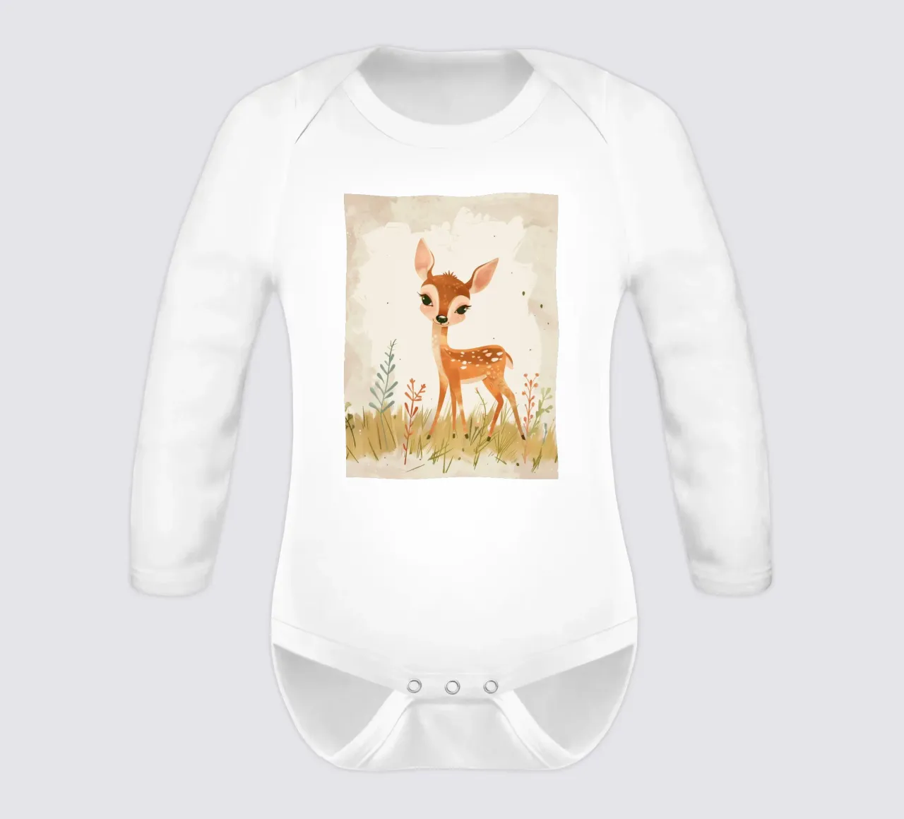 Charming Fawn in the Meadow long-sleeve baby romper by DesignDoodle
