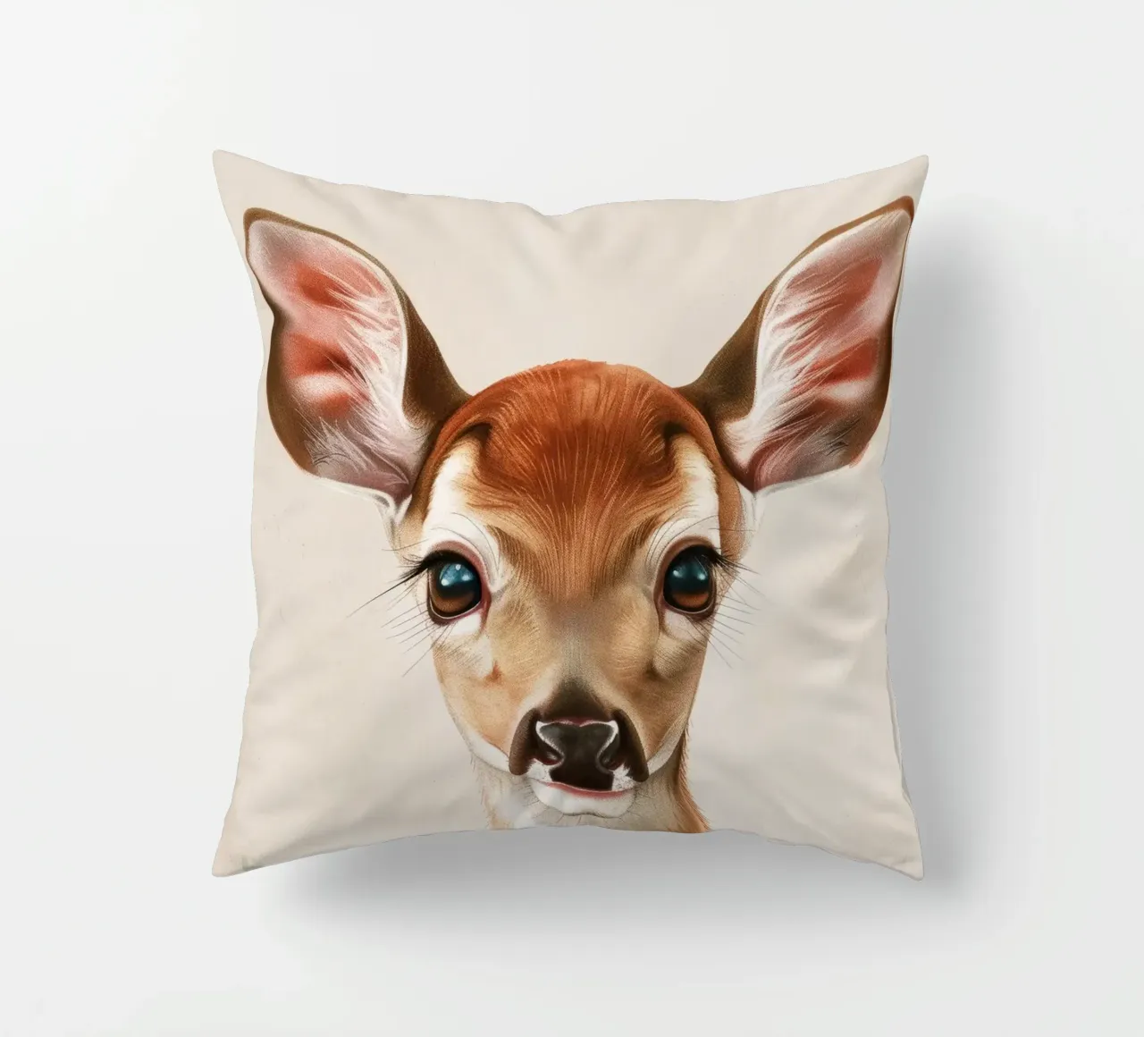 Sweet Fawn Portrait with Big Eyes decorative cushion by DesignDoodle