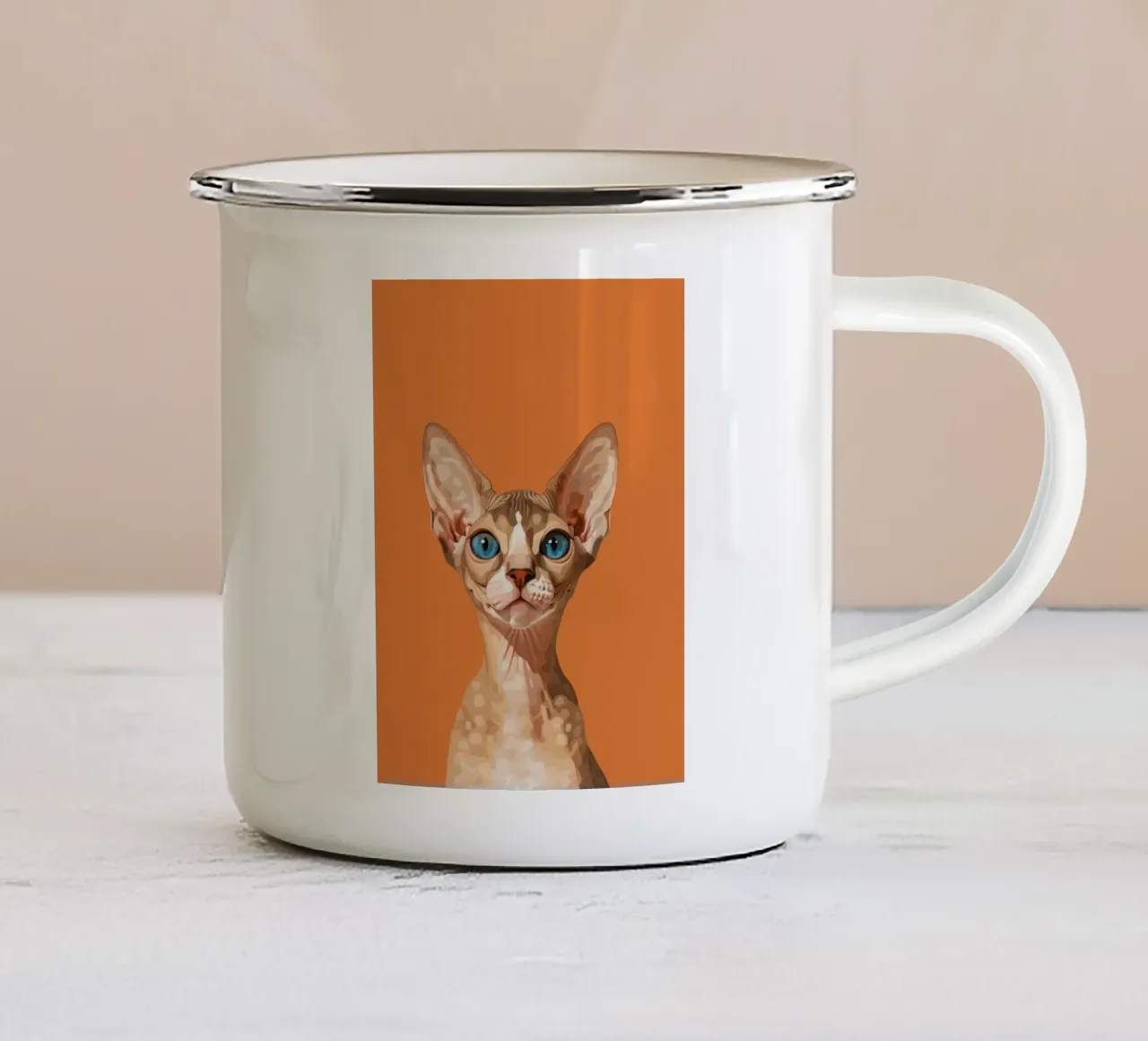 Ritratto di gatto Devon Rex dagli occhi blu tazza in smalto da DesignDoodle