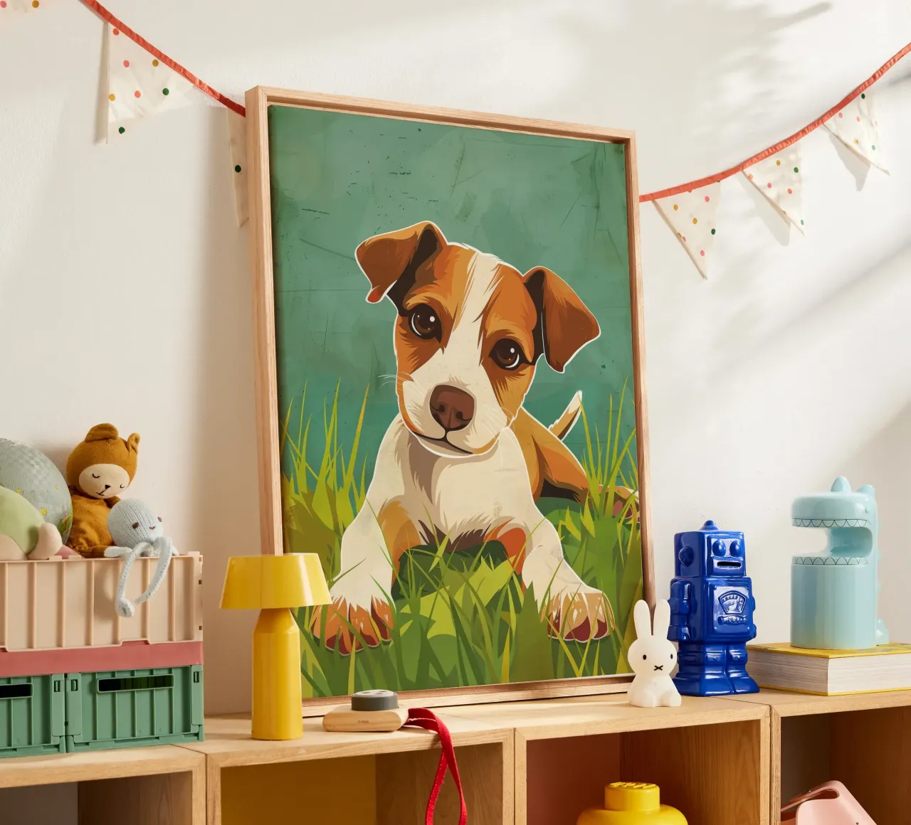 Speelse puppy in het gras canvas met Baklijst van DesignDoodle