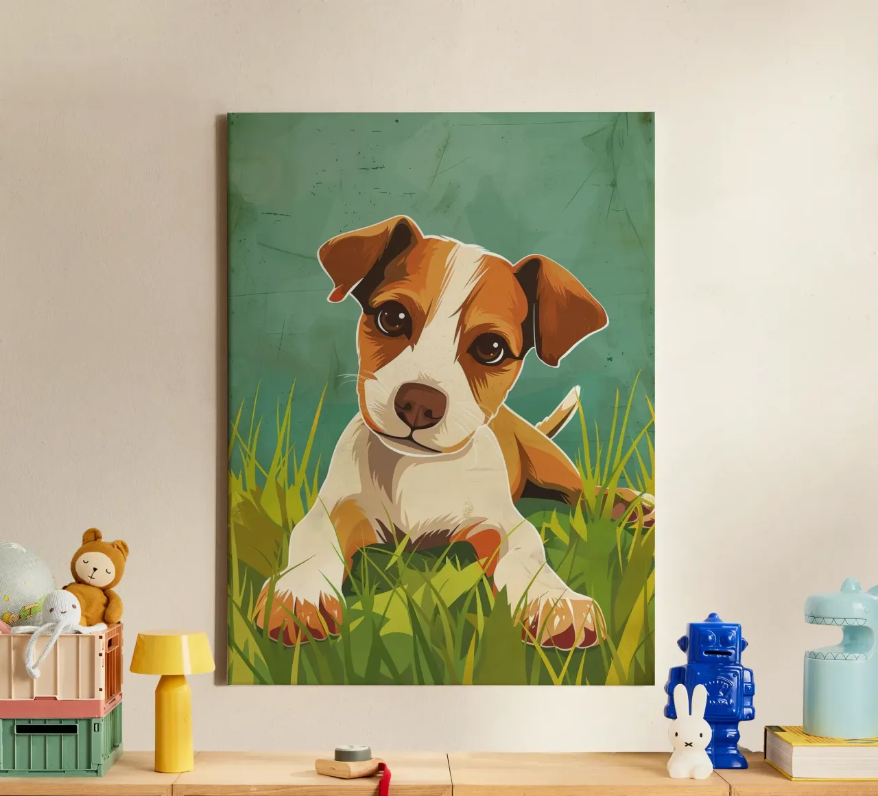 Speelse puppy in het gras canvas met Baklijst van DesignDoodle