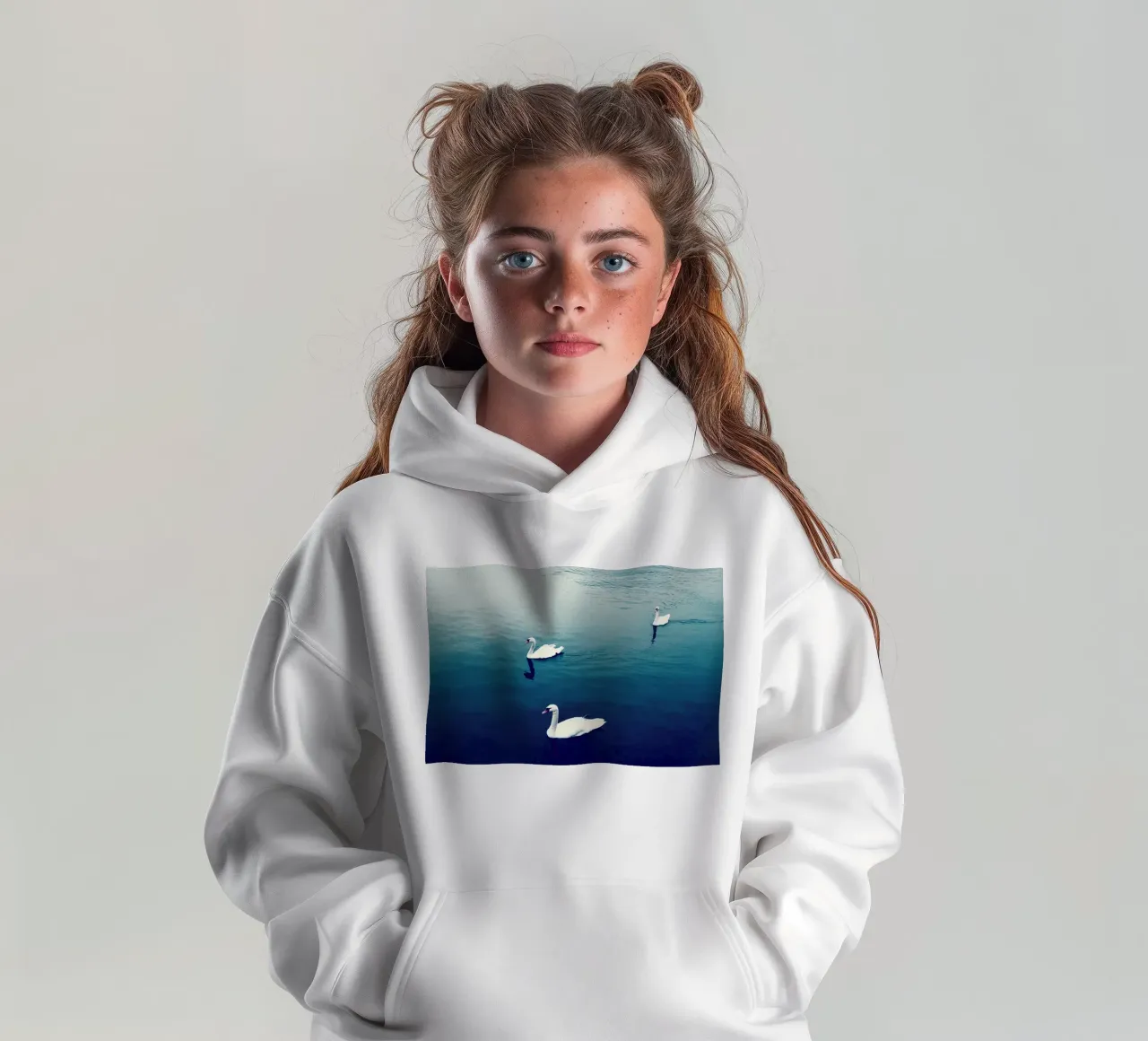 Swan Family in the Lake kids hoodie by KISSA STUDIO