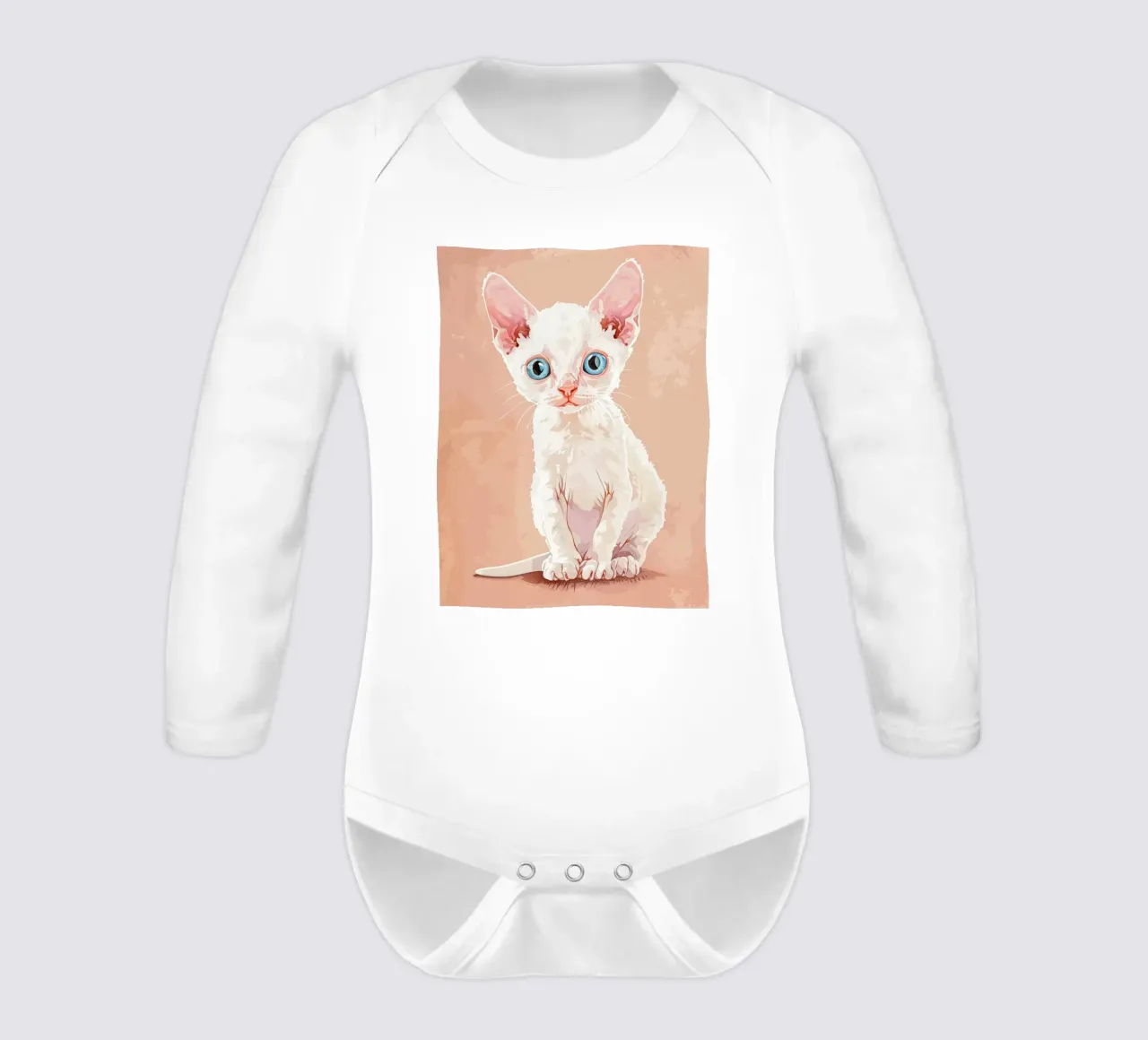 White Devon Rex Kitten with Blue Eyes long-sleeve baby romper by DesignDoodle