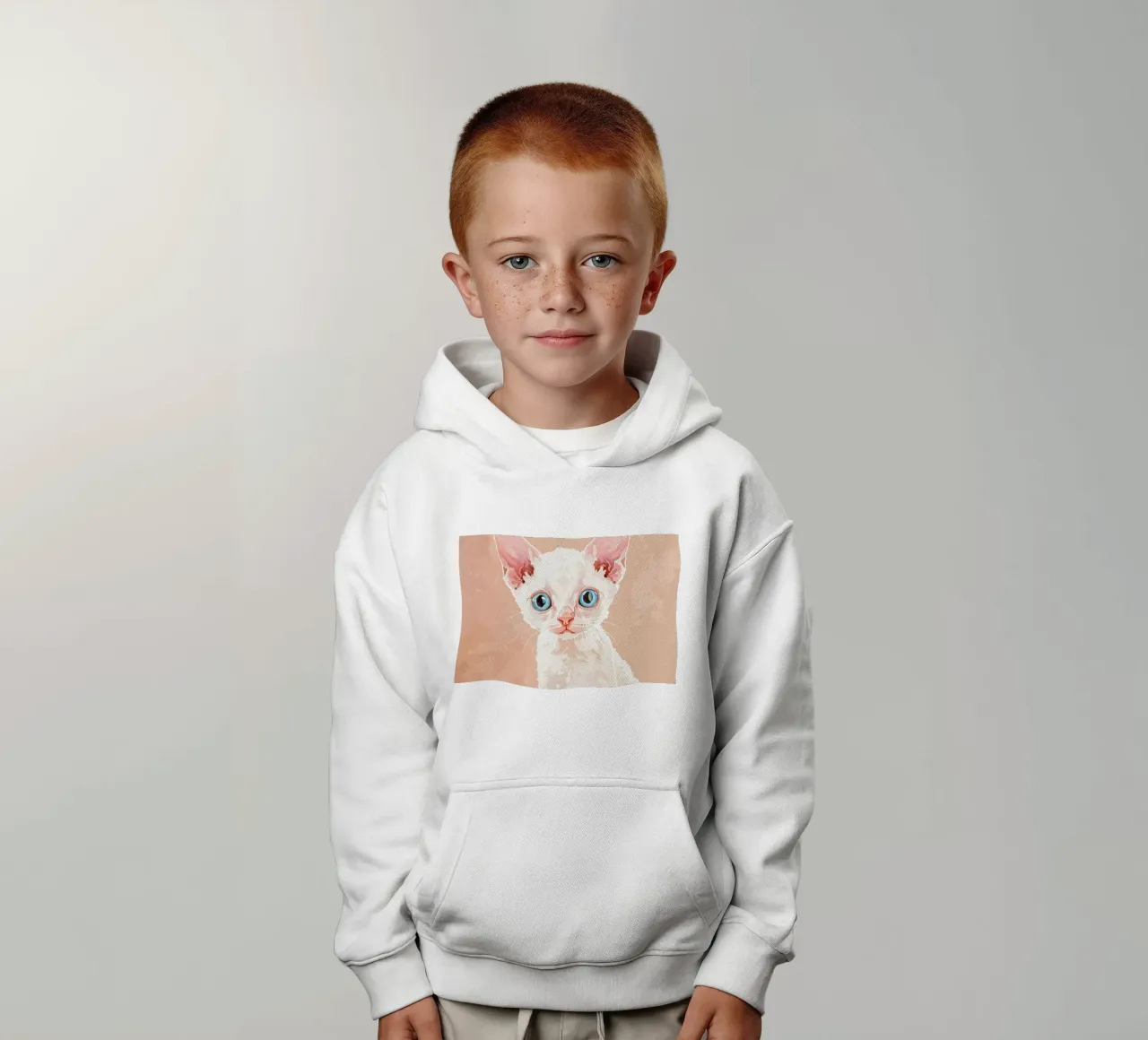 Gattino Devon Rex bianco con occhi blu felpa bambino con cappuccio da DesignDoodle