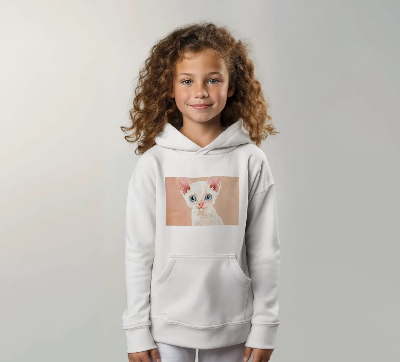 Gattino Devon Rex bianco con occhi blu felpa bambino con cappuccio da DesignDoodle