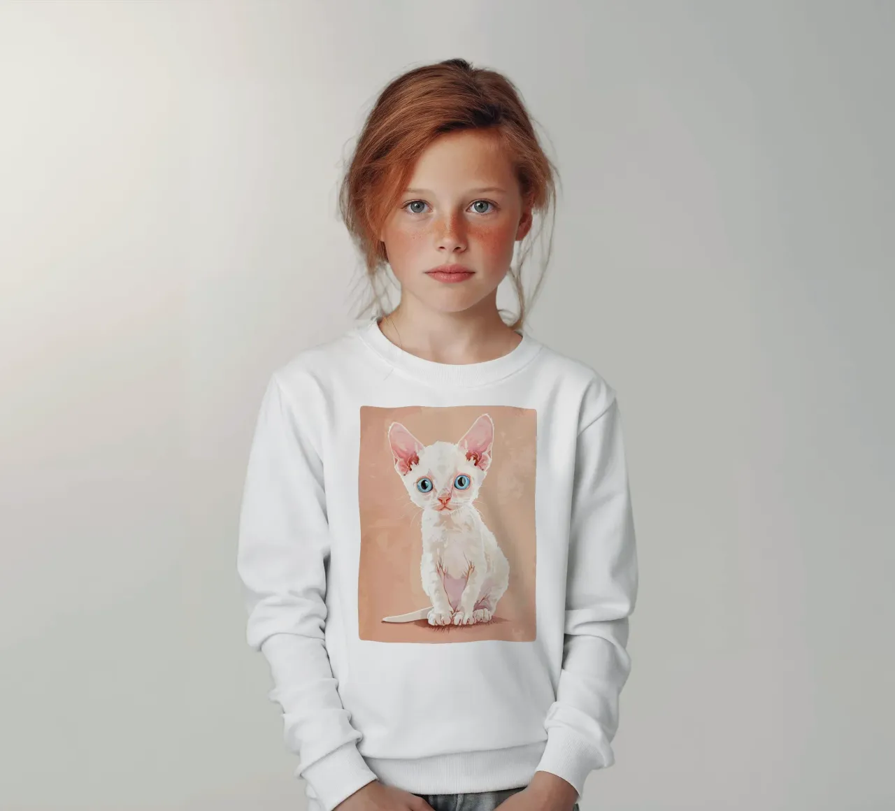Gattino Devon Rex bianco con occhi blu felpa bambino da DesignDoodle