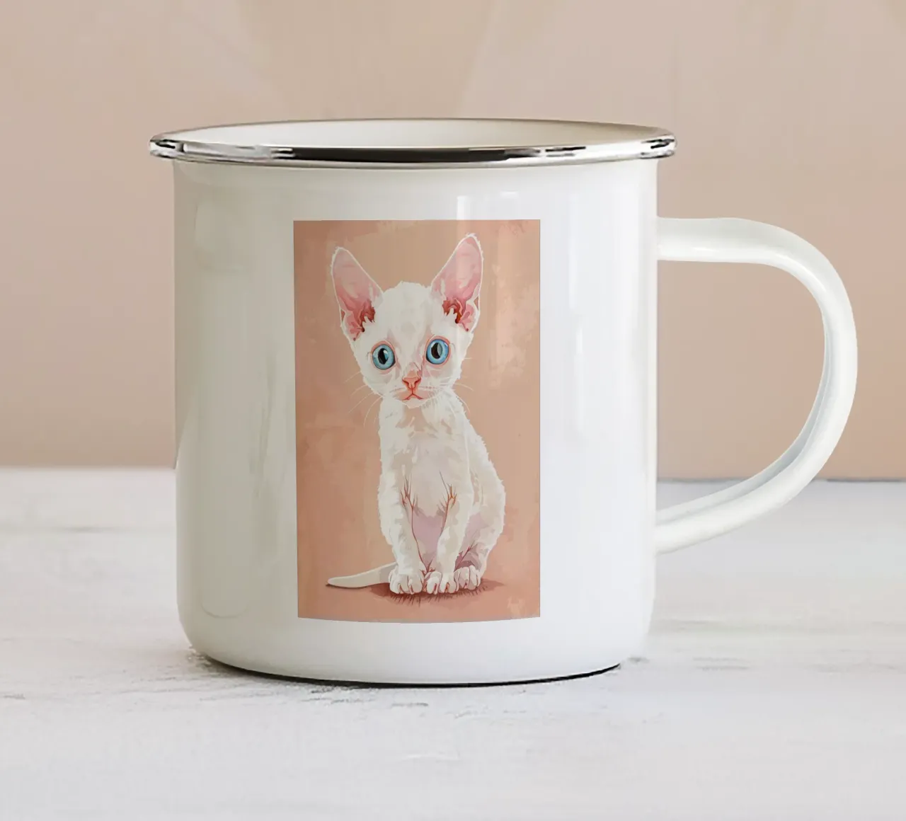 Gattino Devon Rex bianco con occhi blu tazza in smalto da DesignDoodle