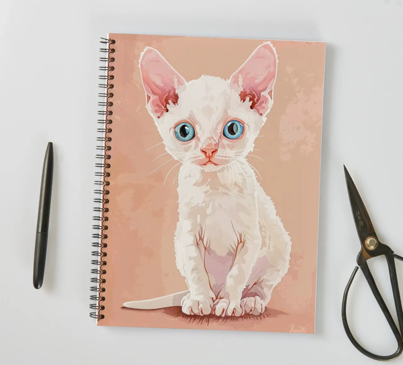 White Devon Rex Kitten with Blue Eyes spiral notebook by DesignDoodle