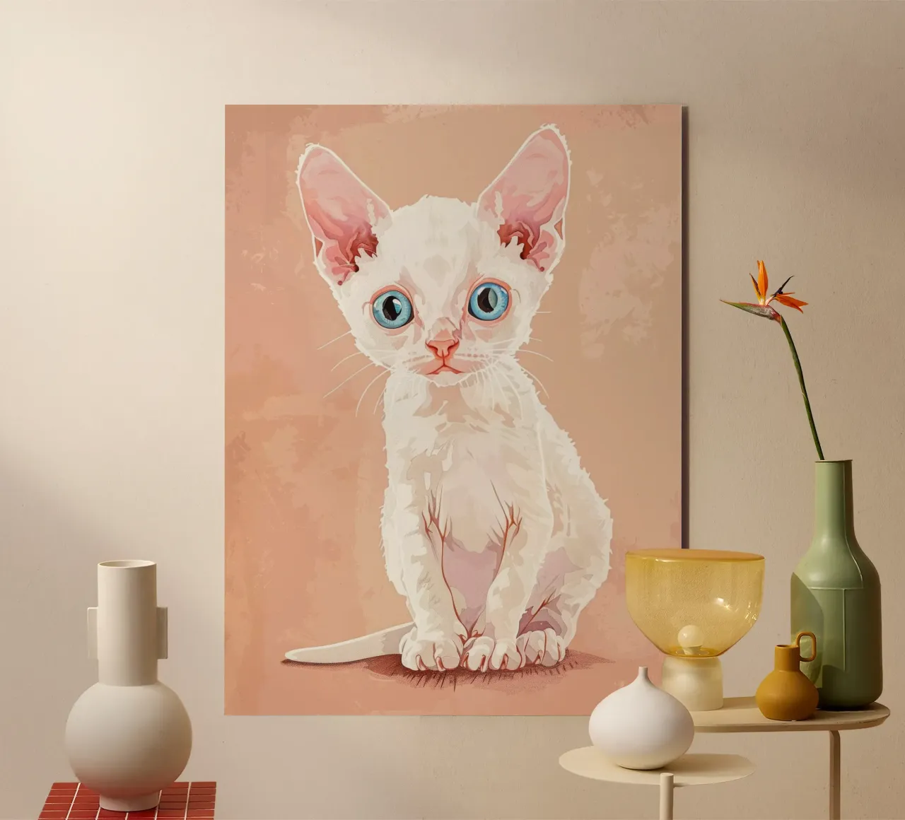Gattino Devon Rex bianco con occhi blu alluminio dibond da DesignDoodle