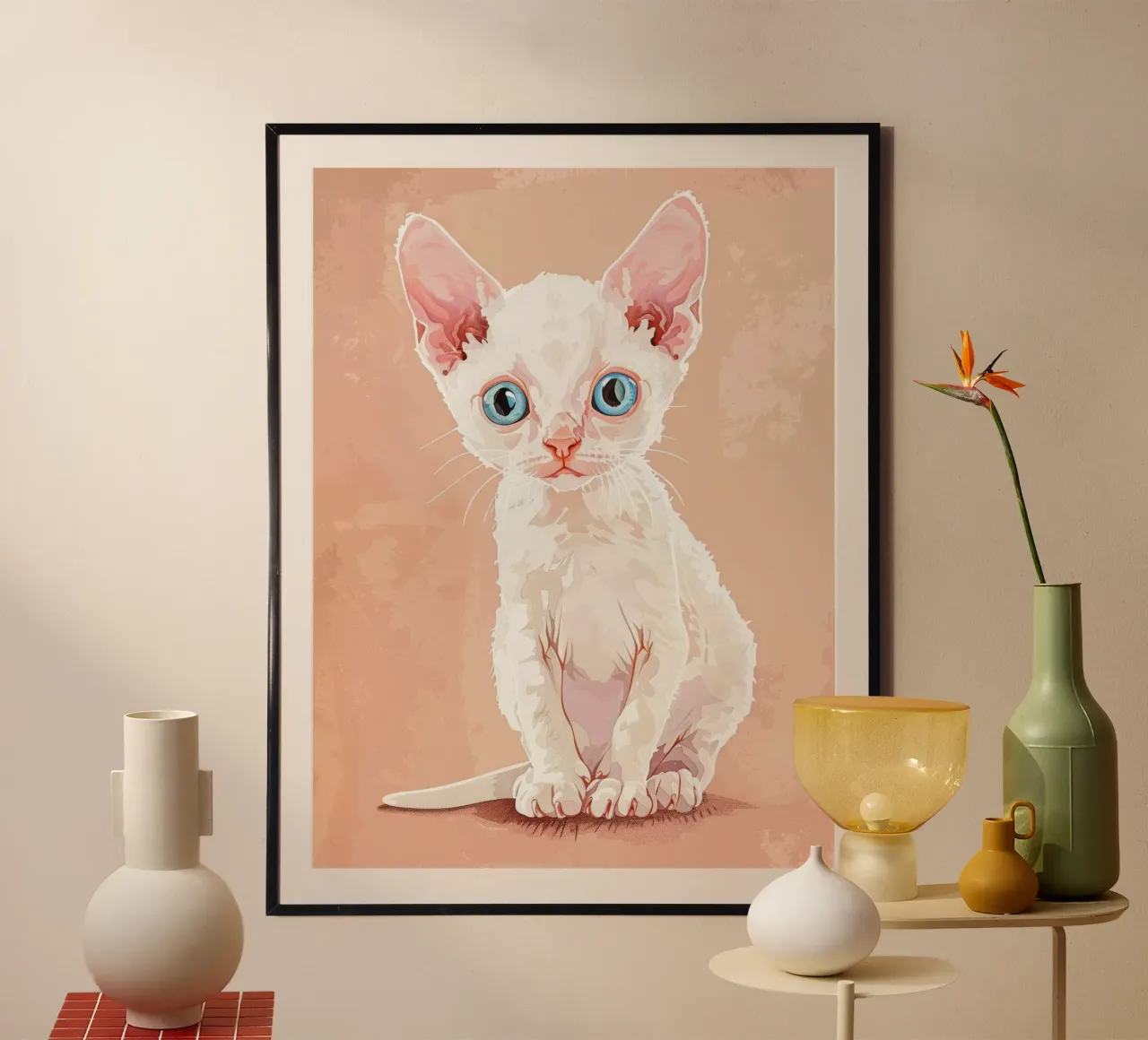 Gattino Devon Rex bianco con occhi blu carta hahnemühle da DesignDoodle