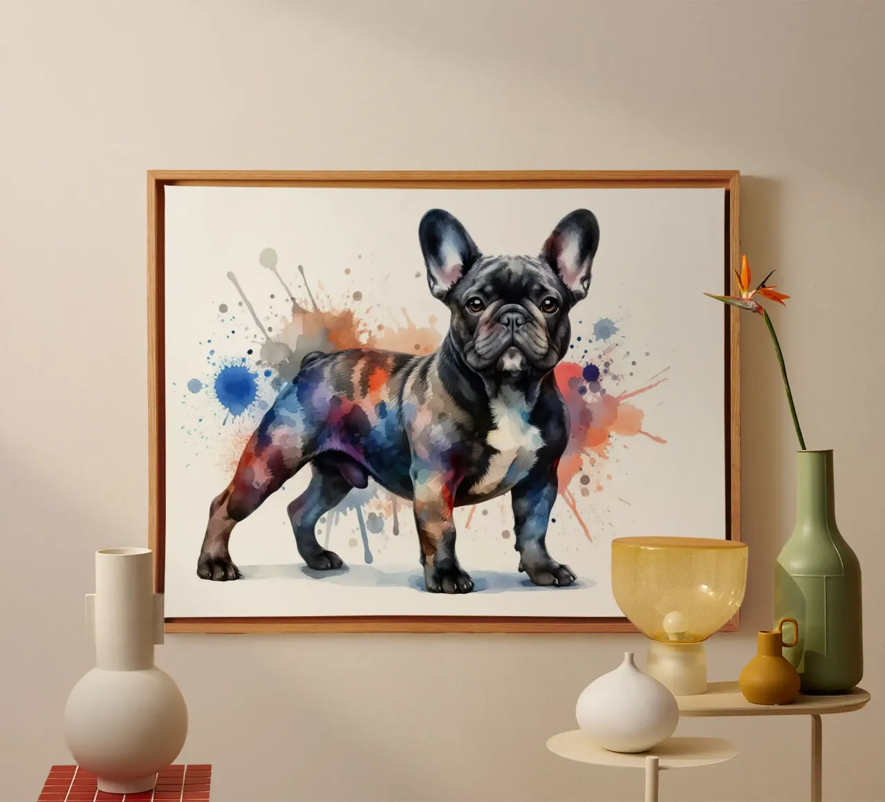 Ritratto di bulldog francese ad acquerello tela con Cornice a cassetta da 🥝 KIWI STORE