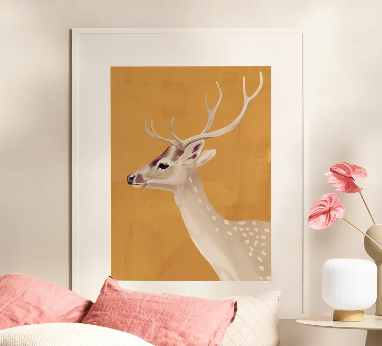 Cervo bianco III poster con telaio in legno da ThingDesign