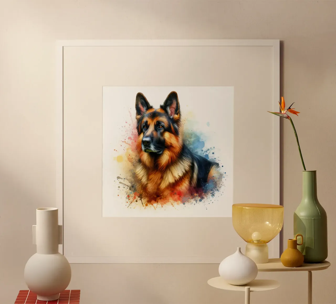Ritratto ad acquerello di pastore tedesco poster con telaio in legno da 🥝 KIWI STORE