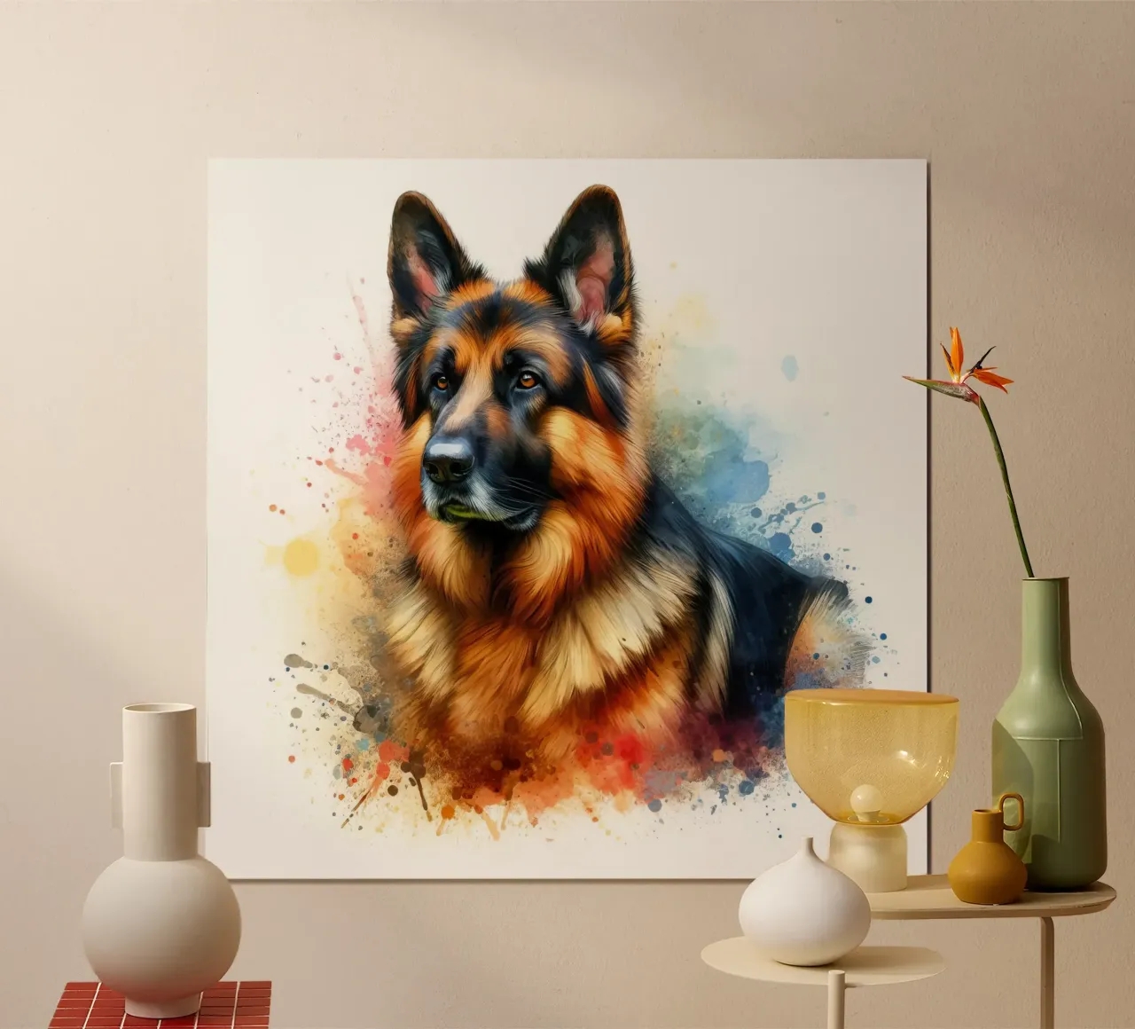 Ritratto ad acquerello di pastore tedesco poster con telaio in legno da 🥝 KIWI STORE